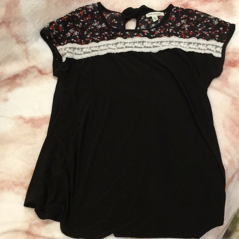 Faith and joy black blouse, tie back, floral, NWOT